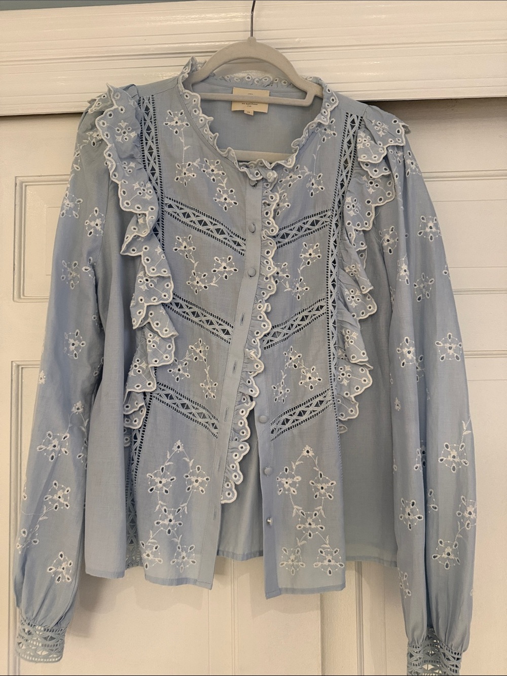 Sezane Pale Blue Eyelet Ruffle Button-Down Shirt